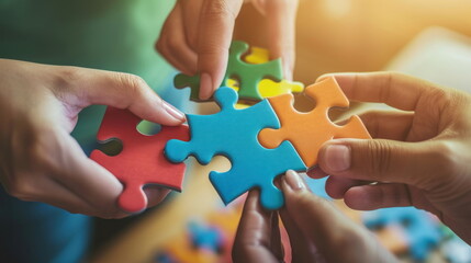 Obraz premium Hands join puzzle pieces, putting the jigsaws team together, business concept