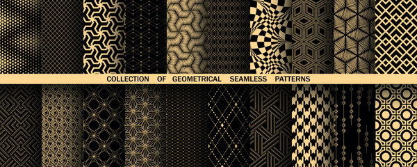 Geometric set of seamless black and gold patterns. Simple vector graphics