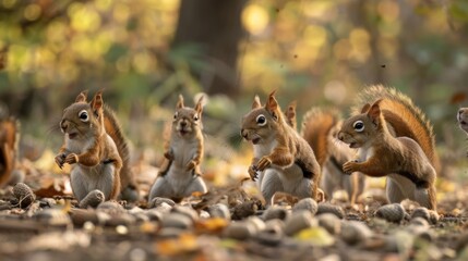 Capture a scene with multiple red squirrels interacting with each other in silly ways, like playing tag or wrestling for acorns