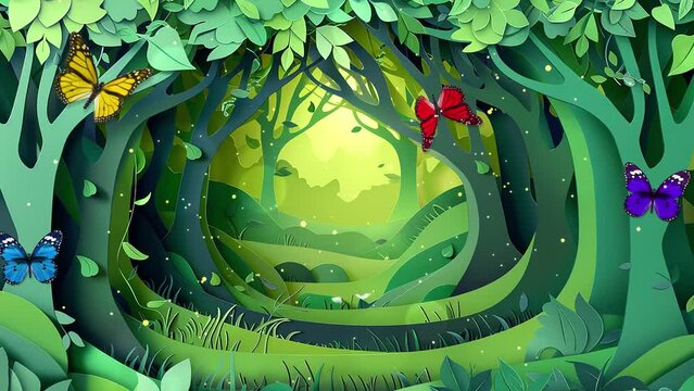 paper art 3d spring or summer forest with tree. seamless looping overlay 4k virtual video animation background