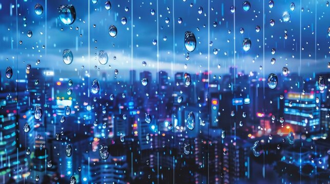 A digital illustration featuring raindrops falling onto a pixelated cityscape with each drop creating a tiny ripple effect on the reflection in the windows.