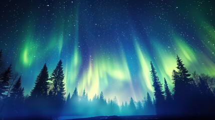Beautiful northern lights in the starry night sky. Aurora Borealis over dark blue sky background - obrazy, fototapety, plakaty