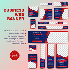 Professional business web ad banner template with photo place. Modern layout blue background and red shape and text design