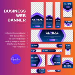 creative web ad banner template design with blue background. vector