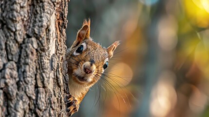 A red squirrel peeking out from behind a tree trunk with a mischievous grin
