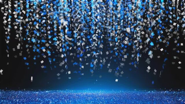 Motion blue and silver confetti rain launched falling