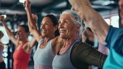 A group of people of different ages and fitness levels exercising together in the gym, promoting inclusivity