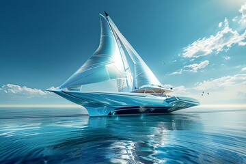 Hybrid sailboat with hydrofoil technology, classic design, modern tech illustration, on white ,high resulution,clean sharp focus