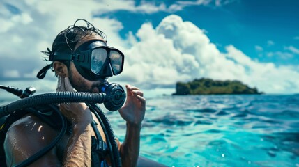 A diver putting on their mask, fins, and snorkel by a boat, ready to embark on their underwater exploration 