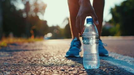A person reaching for a water bottle mid-workout, emphasizing the importance of staying hydrated