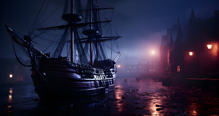 there is an image of a pirate ship in the sea at night - obrazy, fototapety, plakaty