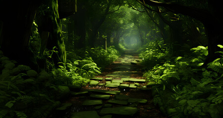a very green and leafy forest trail with stepping stones