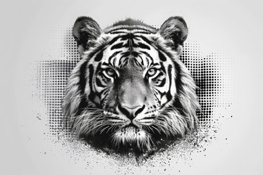 Minimalistic grayscale abstract close-up image of tiger profile face. Silhouette of dots and particles. A beautiful graphic half-tone tiger portrait. Elegant design for printing posters, advertising 