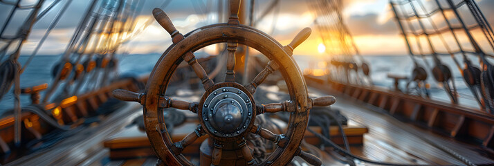 Steering wheel of old sailing vessel,
Ship steering wheel helm at sunset panoramic
 - obrazy, fototapety, plakaty