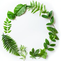 Round frame leaves isolated on white background. lay flat, top view