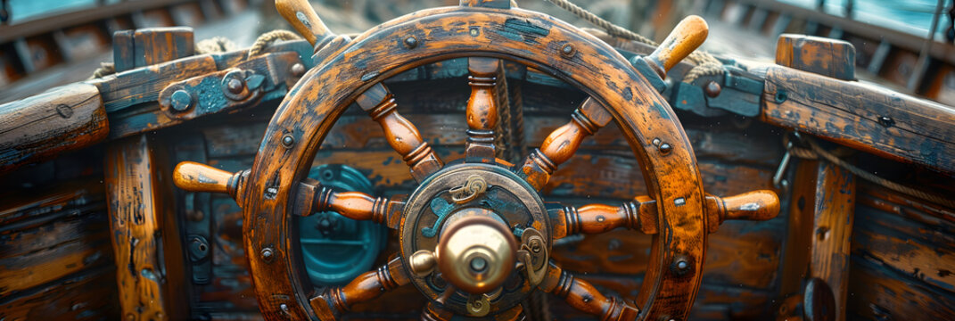 Steering wheel of old sailing vessel,
Nautical Adventures and Weathered Ship Wheels
