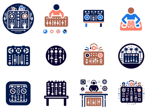Mixing Beats : Minimalist Icons Set Representing DJing & Club Culture and Set-up