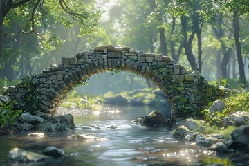 Ancient stone bridge over a stream, photorealistic history, vibrant nature, sunlight ,super realistic,clean sharp focus