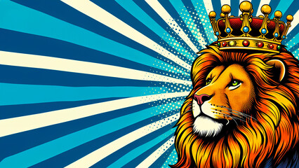 Crowned Pride: Pop Art Illustration Showcasing a Lion in Regal Attire, Popping with Vibrant Colors