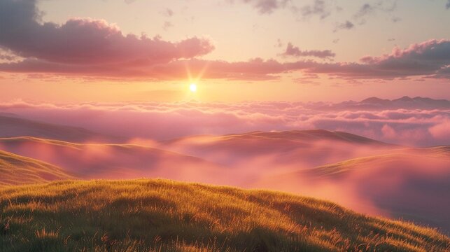 Fog rolling over hills at sunrise, photorealistic mystery, vibrant dawn ,3DCG,clean sharp focus