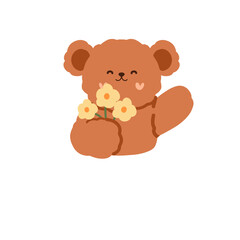 illustration of a cute Teddy bear holding flowers