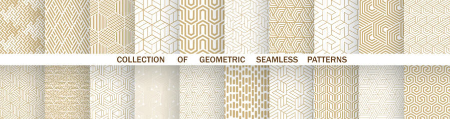 Geometric set of seamless gold and white patterns. Simple vector graphics - 775535595
