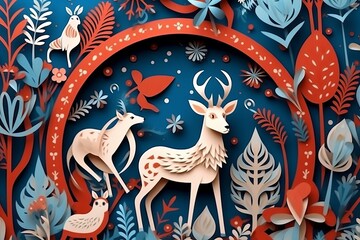 Fototapeta na wymiar Whimsical Paper Cuts Festive Christmas Decoration Background