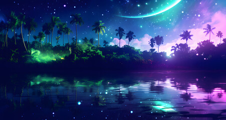 the night sky over palm trees and a moon - Powered by Adobe