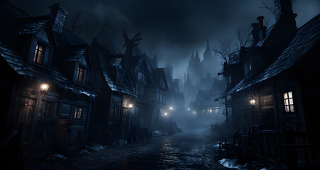 an old town street with haunted buildings in the dark