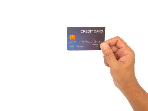 Hand holding a blue credit card on a transparent background.