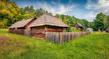 Marvelous summer view of traditional romanian wooden peasant houses. Colorful rural scene of...
