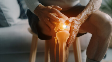 Senior Woman with Knee Pain, Highlighted Joint Anatomy - obrazy, fototapety, plakaty