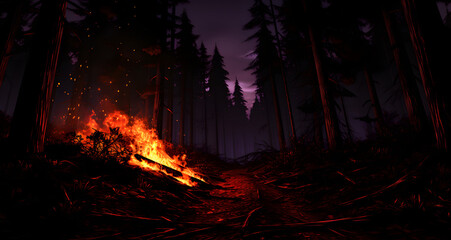 some kind of fire near a very dark forest - obrazy, fototapety, plakaty