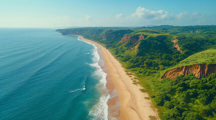 An aerial view of the sandy beach on one side, overlooking green hills and cliffs leading to an...