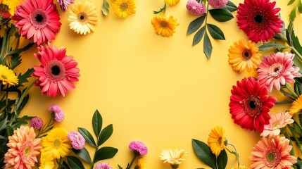 Vibrant summer flowers arranged in a circular pattern on a bright yellow backdrop. Copy space. - obrazy, fototapety, plakaty