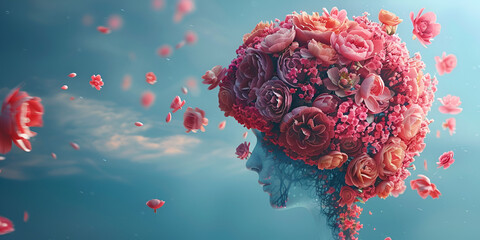 Mental wellbeing concept with brain made from flower bloom blowing in the wind, Human brain with spring flowers. , Human brain tree with flowers self care and mental health concept positive thinking 