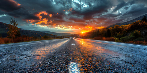 A road leading to a sunset with a cloudy sky in the background, The road to the sunset wallpapers