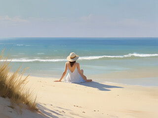 a woman in a white dress sits on the beach in front of the ocean