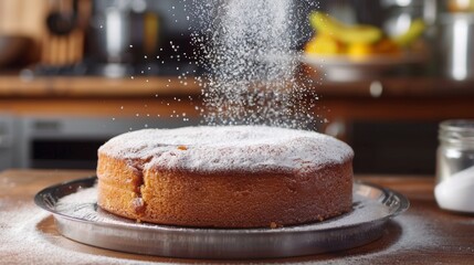 A gentle dusting of powdered sugar over the cooled cake, highlighting the sweetness. - obrazy, fototapety, plakaty