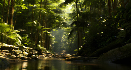 a stream in a lush jungle with lots of trees