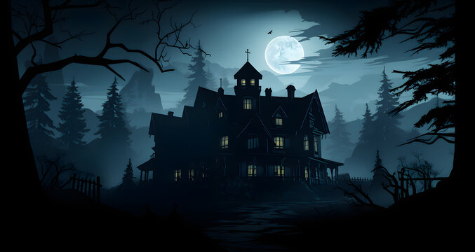 a spooky haunted house stands alone in the dark forest at night