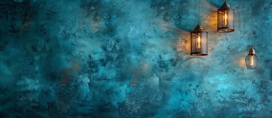 Two lanterns on blue wall