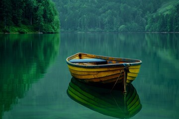 Obraz premium Green boat on calm lake water surrounded by forest