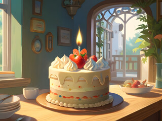 a cake with strawberries and a candle