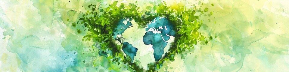A watercolor painting depicting a heart shape composed of intricately intertwined green leaves. Earth Day and World Health Day concept. Banner. Copy space.