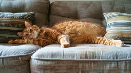 An orange cat stretched out to its full length, taking up an entire couch with a relaxed expression 