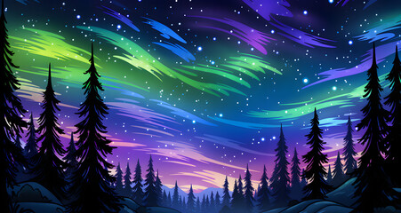 a forest with trees and stars above it