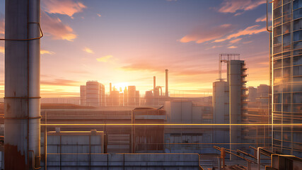 夕暮れの工業地帯_1（industrial area at sunset_1） - obrazy, fototapety, plakaty