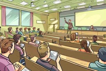 Cartoon cute doodles of a college lecture hall, with students taking notes, raising hands, and engaging with the professor during a lively class discussion, Generative AI