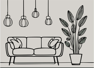 drawing, hanging, stylish, office, room, simple, linear, style, editable, stroke, vector, illustration, home, house, isolated, apartment, cushion, design, seat, vignetting, outline, single, hand, abst